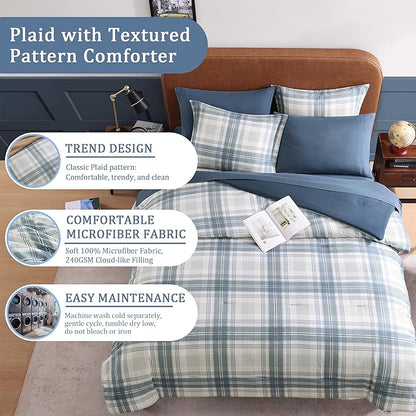 Blue Full Size Comforter Sets, Plaid Comforter Full Size for Boys & Girls,Classic Homestead-style Bedding Sets Full with Full Size Bed Sheets and Comforter Set