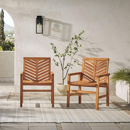 Walker Edison 2 Piece Outdoor Patio Chevron Wood Chair Set All Weather Backyard Conversation Garden Poolside Balcony, Set of 2, Brown