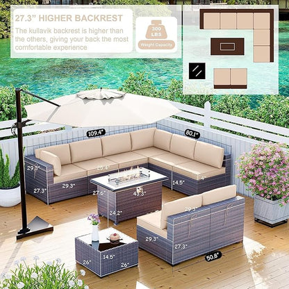 Kullavik 10 Pieces Outdoor Patio Furniture Set with 43" Gas Propane Fire Pit Table PE Wicker Rattan Sectional Sofa Patio Conversation Sets,Sand