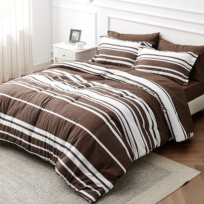 Bedsure Bed in a Bag Twin Size 5-Piece Brown White Striped Bedding Comforter Sets All Season Bed Set with 1 Pillow Sham, Flat Sheet, Fitted Sheet and 1 Pillowcase