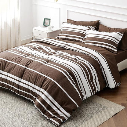Bedsure Bed in a Bag Queen Size 7-Piece Brown White Striped Bedding Comforter Sets All Season Bed Set, 2 Pillow Shams, Flat Sheet, Fitted Sheet and 2 Pillowcases