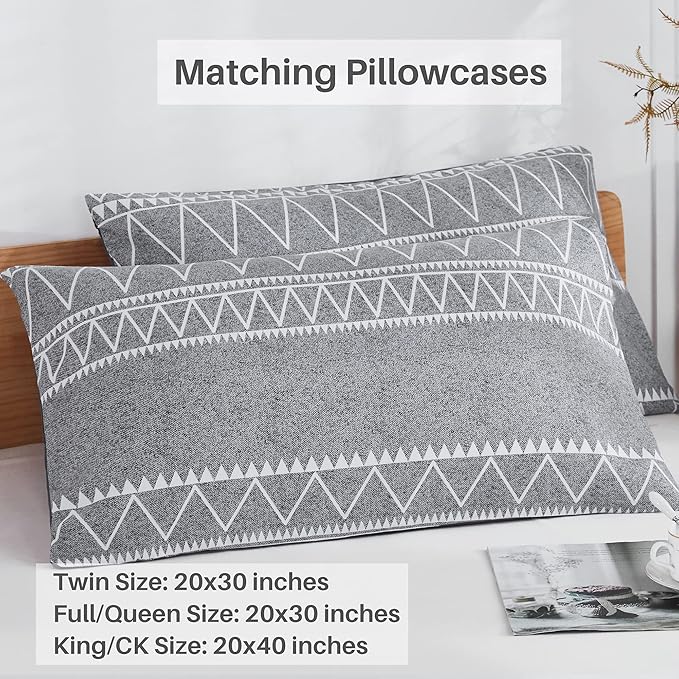 Boho Grey Stirped Comforter Set Queen for Kids Adult, 3 PCS Reversible Bedding Set Gray Comforter with 2 Pillow Shams, Lightweight Breathable for All Seasons(Queen,90x90inches)