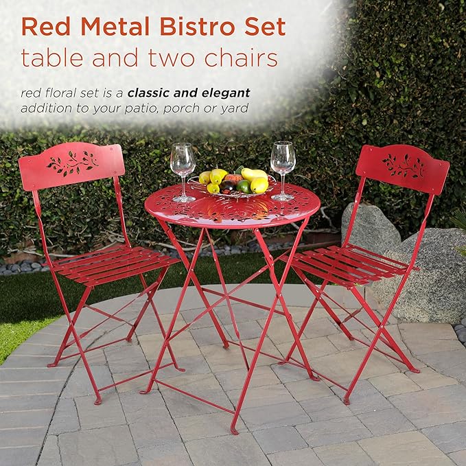 Alpine Corporation Indoor/Outdoor 3-Piece Bistro Set Folding Table and Chairs Patio Seating, Red