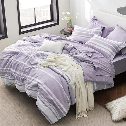 Bedsure Bed in a Bag Full Size 7 Pieces, Purple White Striped Bedding Comforter Sets All Season Bed Set, 2 Pillow Shams, Flat Sheet, Fitted Sheet and 2 Pillowcases