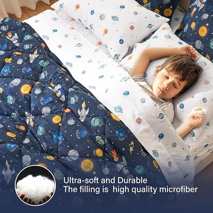 Twin Size Space Kids Bedding Set for Girls, 7 Pieces Super Soft Lightweight Microfiber Comforter Set with Sheets, Bed in a Bag, Durable Children Bed Set