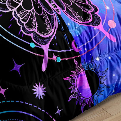 Butterfly Comforter - Butterfly Bed Set - Boho Butterfly Sun and Moon Printed Bedding Sets, Queen Size Comforter Set for Girls, Black Blue Butterfly Comforter Set Queen with 2 Pillowcases