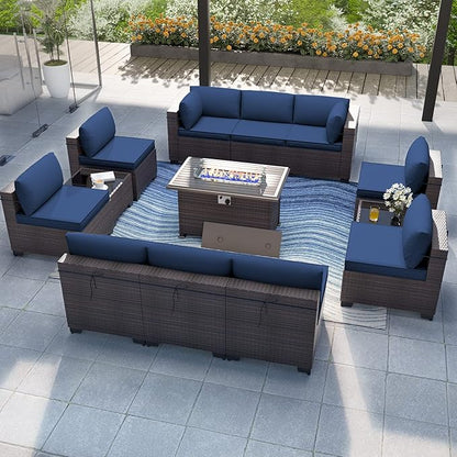 Patio Furniture Set with Fire Pit Table 13 PCS Outdoor Sectional Furniture Outdoor Rattan Patio Conversation Sets with 43in 55,000 BTU Propane Gas Fire Pit Table Glass Table, Navy Blue