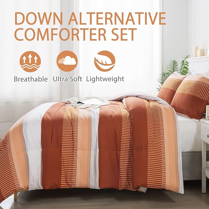 Andency Stripe Comforter Set Twin Size (66x90 Inch), 2 Pieces Terracotta Patchwork Striped Comforter, Soft Microfiber Down Alternative Comforter Bedding Set with Corner Loops