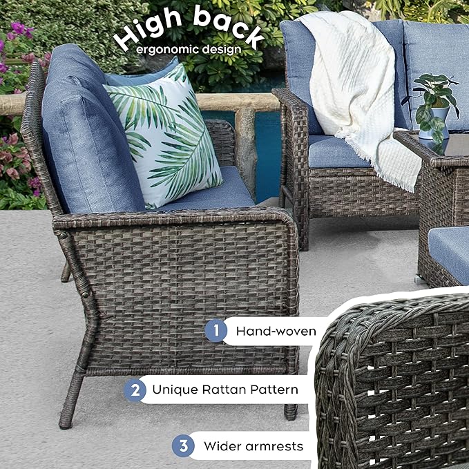 Yechen Patio Conversation Set with 44" Propane Gas Fire Pit Table - 6 Pcs Outdoor Wicker Furniture Set with Lid & Wind Shields - Luxury 7 Seats Sectional Sofa Set for Porch,Backyard