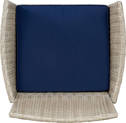 BTEXPERT Outdoor Wicker Conversation 3 Piece Bistro Set Garden Patio Yard Porch Furniture Space Saving Pe Rattan 2 Chairs Cushions Side Storage Glass Table Stone Gray/Navy Blue 3pc