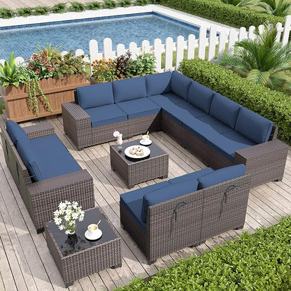 Patio Furniture Set Sofa 12-Pieces Wicker Sectional Sofa Set, Outdoor Furniture Rattan Patio Conversation Set with Thickened Cushions and Glass Coffee Table, Navy Blue