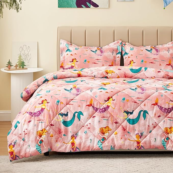 Twin Mermaid Bedding Sets for Girls, 3 Pieces Kids Queen Comforter Sets, Super Soft Lightweight for All Seasons, Includes 1 Comforter (88"x88") and 2 Pillowcase (20"x26"+2")
