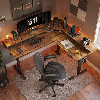 FEZIBO 63" L Shaped Standing Desk with 4 Drawers, Electric Standing Gaming Desk Adjustable Height, Corner Stand up Desk with Splice Board, Black Frame/Rustic Brown Top