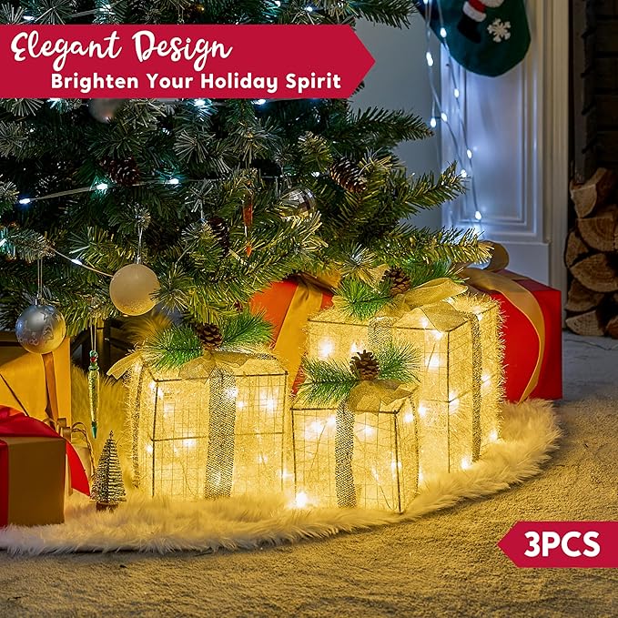 Joiedomi Christmas Lighted Gift Boxes, Christmas Decorations Set of 3, Light up Present Boxes, 60 LED Warm White Lights for Indoor Holiday Décor, Christmas Eve Night Décor