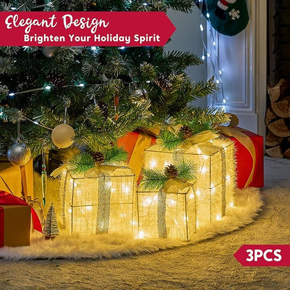 Joiedomi Christmas Lighted Gift Boxes, Christmas Decorations Set of 3, Light up Present Boxes, 60 LED Warm White Lights for Indoor Holiday Décor, Christmas Eve Night Décor