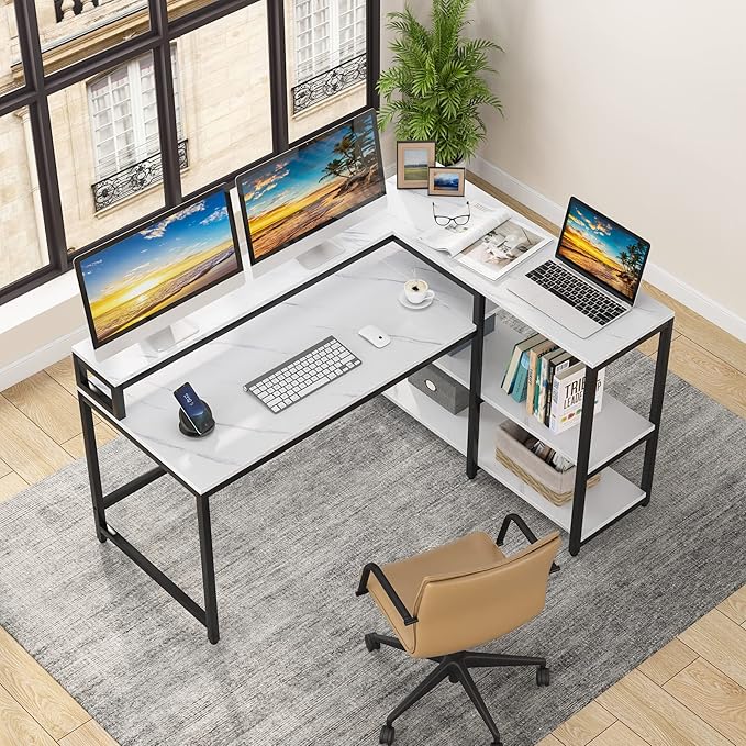 Reversible L Shaped Computer Desk with Storage Shelf, Industrial Corner Desk with Monitor Stand for Home Office