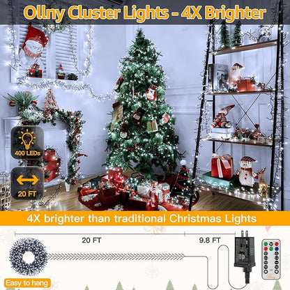 Ollny Cluster Lights for Christmas Tree, 400LED 20ft Cool White Christmas Lights Outdoor 8 Modes Timer Remote, Waterproof String Lights for Indoor Outside Garland Xmas Decorations
