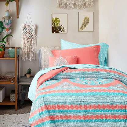 Degrees of Comfort Bed in a Bag Twin XL, Boho Medallion Comforter Sets for college girls, Microfiber 6 Pieces Bedding Set with Sheet, Matching Decorative Pillow, Coral