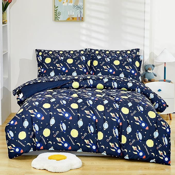 Mooreeke Bed in a Bag for Kids Boys Teens, 5 Pieces Twin Size Comforter Bed Set with Shams, Sheet Set, Space Planet Blue Black Super Soft Microfiber Kids Comforter Bedding Set