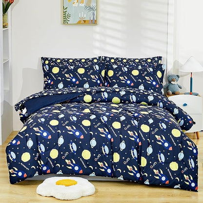 Mooreeke Bed in a Bag for Kids Boys Teens, 5 Pieces Twin Size Comforter Bed Set with Shams, Sheet Set, Space Planet Blue Black Super Soft Microfiber Kids Comforter Bedding Set