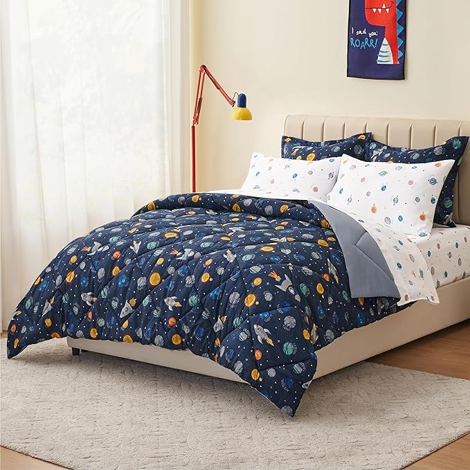 Twin Size Space Kids Bedding Set for Girls, 7 Pieces Super Soft Lightweight Microfiber Comforter Set with Sheets, Bed in a Bag, Durable Children Bed Set