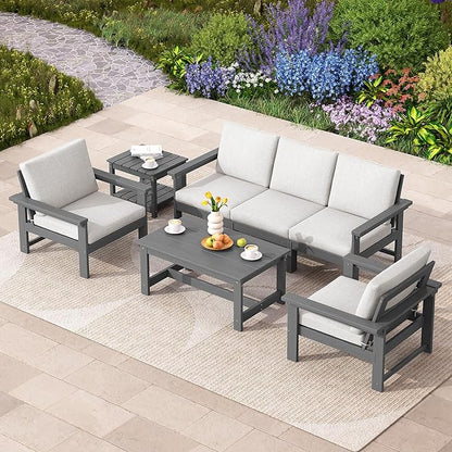 SERWALL HDPE Patio Coversation Set, 7-piece Outdoor Sectional Sofa Set, All Weather Patio Couch Set Patio Furniture for Balcony, Deck, Grey Frame with Khaki Cushion