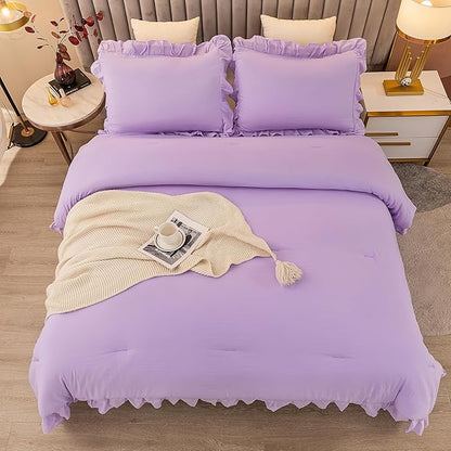 Andency Lavender Twin Size Comforter(66x90Inch), 2 Pieces(1 Ruffle Comforter and 1 Pillowcase) Solid Farmhouse Shabby Chic Comforter, Lighteweight and Soft Microfiber Bedding Set