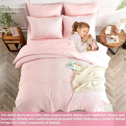 Queen Size Tufted Kids Comforter Set 7 Piece Pink Jacquard Tufts Embroidery Bedding Set for Boys Girls Bed in A Bag Quilt with 1 Comforter, 1 Flat Sheet, 1 Fitted Sheet, 2 Pillowcase and 2 Pillow Sham