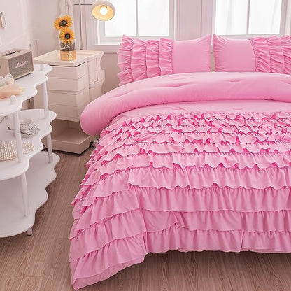 Pink Twin Comforter Set for Girls, 5 Pcs Bed in a Bag Twin for Teen Girls, Princess Bedding Set for Girls, Twin Size Comforter Sets for Girls with 1 Fitted Sheet and 1 Flat Sheet