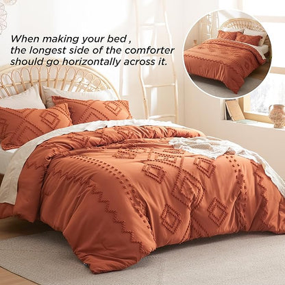 Bedsure Boho Comforter Set King - Terracotta Tufted Bedding Comforter Set, 3 Pieces Farmhouse Shabby Chic Embroidery Bedding Set, Soft Geometric Pattern Comforter for All Seasons
