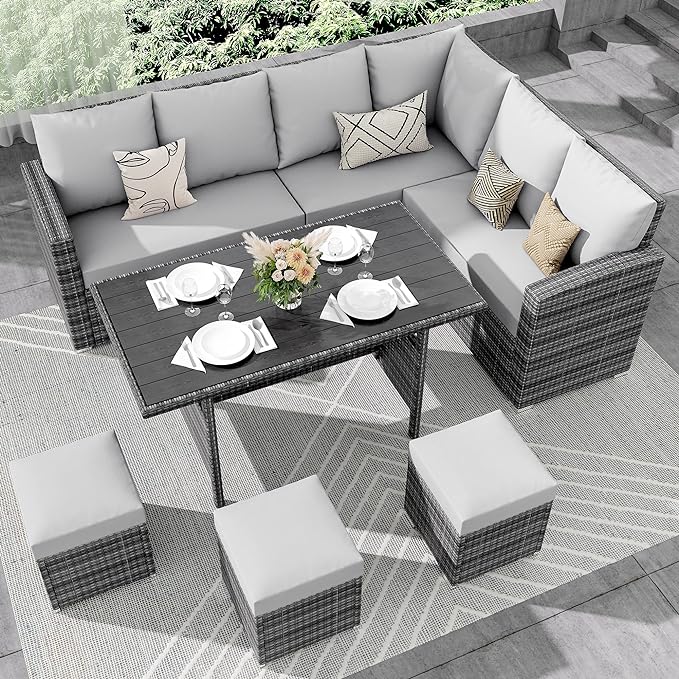 IDEALHOUSE 7 Pieces Outdoor Dining Set,Patio Sectional Sofa Conversation Set All Weather Wicker Rattan Couch Dining Table & Chair with Ottoman Grey
