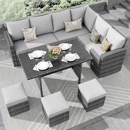 IDEALHOUSE 7 Pieces Outdoor Dining Set,Patio Sectional Sofa Conversation Set All Weather Wicker Rattan Couch Dining Table & Chair with Ottoman Grey