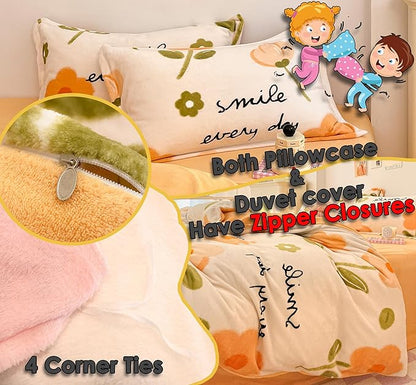 MorroMorn Queen Duvet Cover Orange Flowers, Floral Bedding Sets, Plush Fluffy Comforter Covers Set, Down Alternative Blanket Ultra Soft for Girls Kids Teen Women Full Double Size