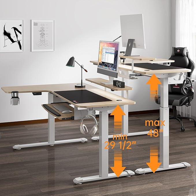 EUREKA ERGONOMIC Standing Desk Adjustable Height 61" Electric Sit Stand Computer Desk L Shaped with Keyboard Tray,Monitor Stand &LED, Dual Motor Memory Presets Sit to Desk Adjustable Desk, Right/Maple