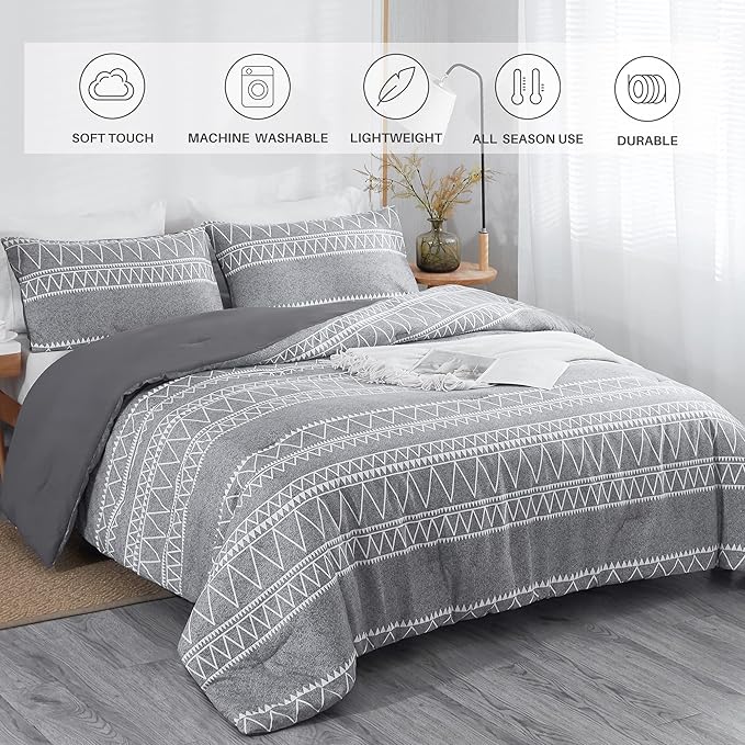 Boho Grey Stirped Comforter Set Twin for Kids Adult, 2 PCS Reversible Bedding Set Gray Comforter with 1 Pillow Sham, Lightweight Breathable for All Seasons(Twin,66x90inches)