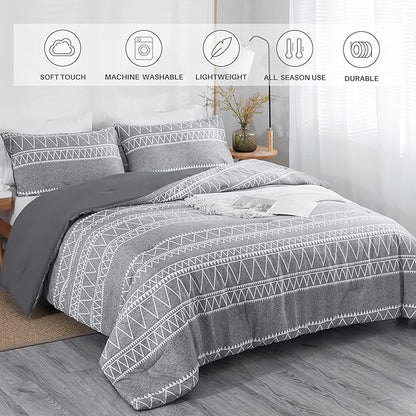 Boho Grey Stirped Comforter Set Twin for Kids Adult, 2 PCS Reversible Bedding Set Gray Comforter with 1 Pillow Sham, Lightweight Breathable for All Seasons(Twin,66x90inches)