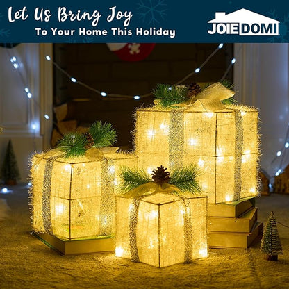 Joiedomi Christmas Lighted Gift Boxes, Christmas Decorations Set of 3, Light up Present Boxes, 60 LED Warm White Lights for Indoor Holiday Décor, Christmas Eve Night Décor