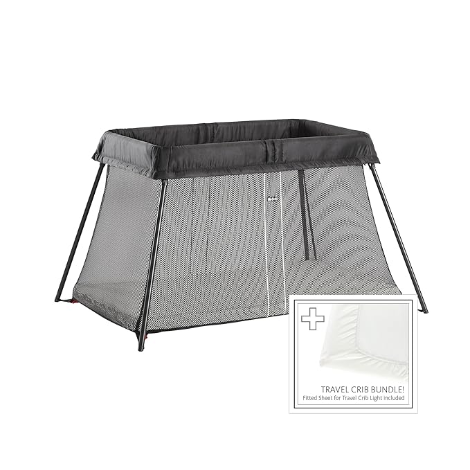 BabyBjörn Travel Crib Light + Fitted Sheet Bundle Pack, Black, One Size (640001US)