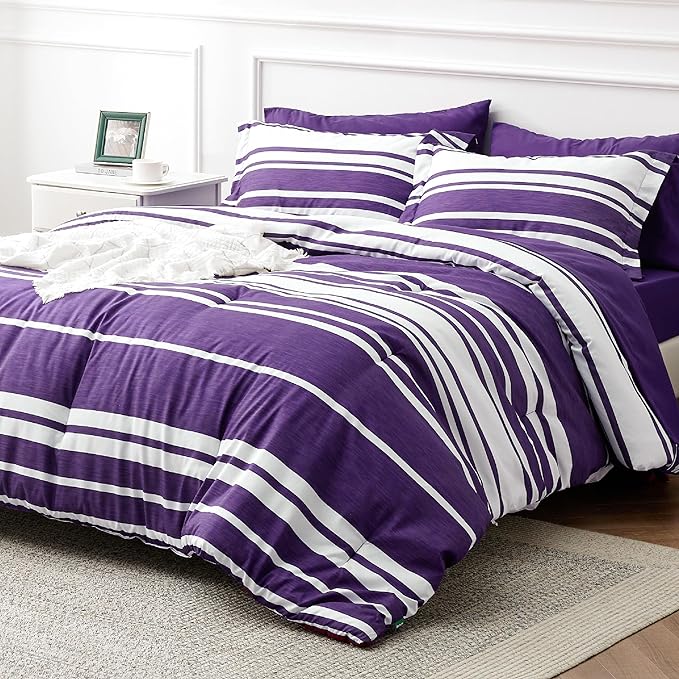 Bedsure Bed in a Bag Queen Size 7-Piece Purple White Striped Bedding Comforter Sets All Season Bed Set, 2 Pillow Shams, Flat Sheet, Fitted Sheet and 2 Pillowcases