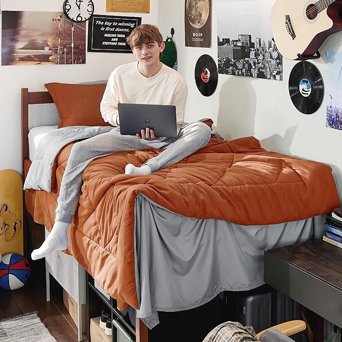 Bedsure Burnt Orange Twin Comforter Set - 5 Pieces Reversible Twin Bed in a Bag, Extra Long Twin Bed Set with Comforters, Sheets, Pillowcase & Sham, Twin Bedding Sets for College