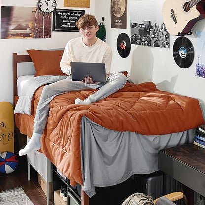 Bedsure Burnt Orange Twin Comforter Set - 5 Pieces Reversible Twin Bed in a Bag, Extra Long Twin Bed Set with Comforters, Sheets, Pillowcase & Sham, Twin Bedding Sets for College