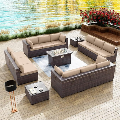 Kullavik 15 Pieces Outdoor Patio Furniture Set with 43" 55000BTU Gas Propane Fire Pit Table PE Wicker Rattan Sectional Sofa Patio Conversation Sets,Khaki