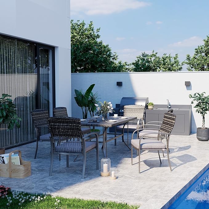 Pamapic Patio Table and Chairs Set, All-Weather Rattan Outdoor Table and Chairs with Removable Waterproof Cushions, Plastic-Wood Patio Dining Set for 6 with Umbrella Hole(Gray)