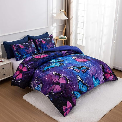 Btargot 3 Piece Butterfly Pattern Girls Comforter Set with 2 Pillow Covers, Galaxy Outer Space Printed Bedding Set for Women, Full Purple Blue