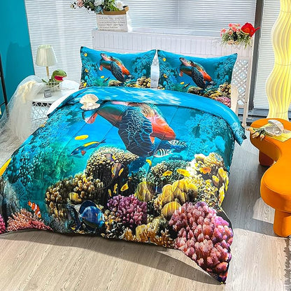 CVHOUSE Sea Turtle Bedding Set,Sea Turtle Comforter Twin,Ocean Beach Comforter Set for Boys Kids Girls,Ocean Quilt Set with 1 Comforter and 2 Pillow Cases