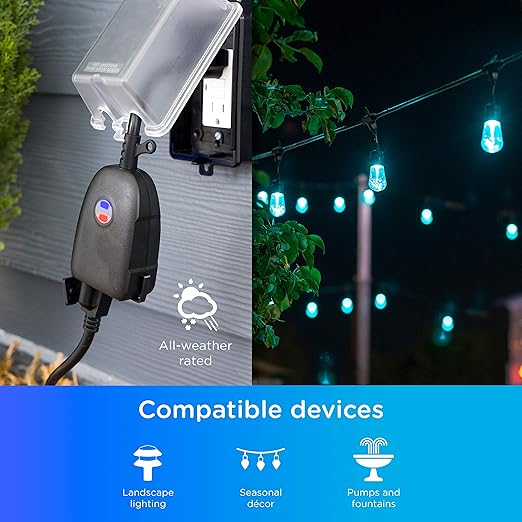 Enbrighten Vibe Outdoor Smart Plug, 2 Grounded Outlets, Weather-Resistant, Custom ON/Off Controls, Schedule Outdoor Lighting, Compatible with Alexa, Google Assistant, Black, 51251