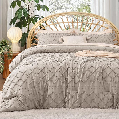 Bedsure King Size Comforter Set - Linen Comforter, Boho Tufted Shabby Chic Bedding Comforter Set, 3 Pieces Vintage Farmhouse Bed Set for All Seasons, Fluffy Soft Bedding Set with 2 Pillow Shams