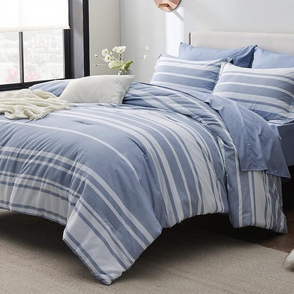 Bedsure Twin Comforter Set 5 Pieces, Blue White Striped Twin Bedding Sets All Season Bed Set, Twin Bed in a Bag with Comforter, Sheets, Pillowcase & Sham