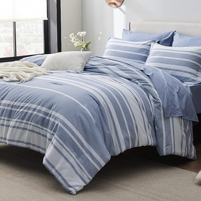 Bedsure Full Size Comforter Set 7 Pieces, Blue White Striped Bedding Comforter Sets All Season Bed Set, Bed in a Bag Full with Comforter, Sheets, Pillowcases & Shams