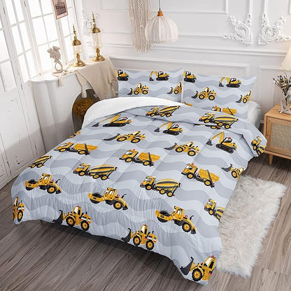 Datura home Construction Truck Comforter Set for Boys Kids Children,Grey Machinery Truck Excavators Vehicles Cartoon Tractor Bedding Set with 1 Comforter and 2 Pillowcases(Truck Grey Full) 80x90in